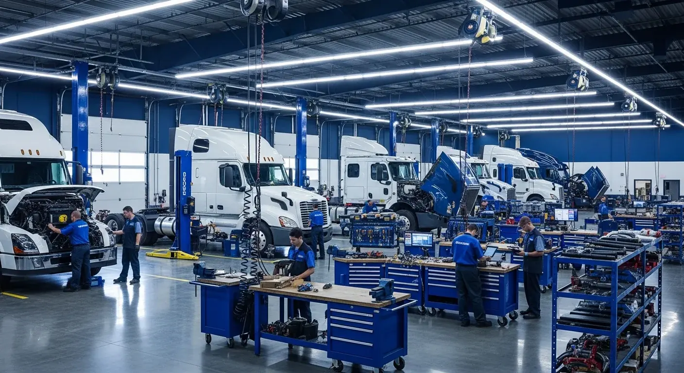 Professional truck repair workshop with service bays