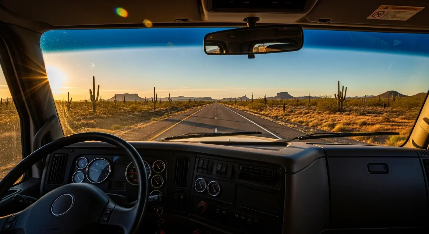View from truck cab on the open highway
