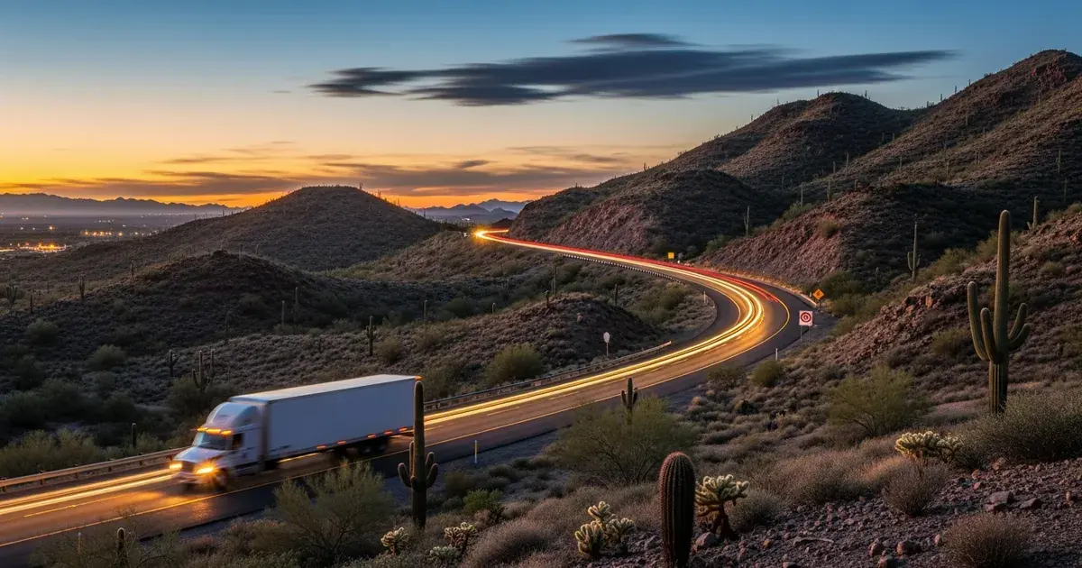 Commercial truck on US-93 highway between Kingman and Bullhead City Arizona with the Colorado River valley in the background