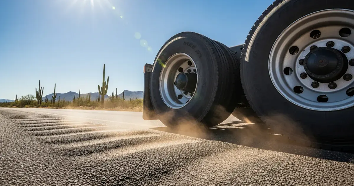 Close-up of a commercial steer tire tread being measured with a depth gauge for DOT compliance