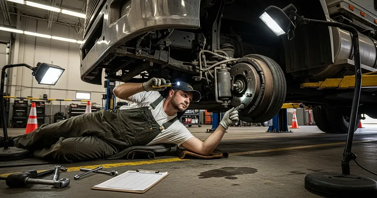 CDL driver completing a 7-step pre-trip inspection checklist on a semi truck