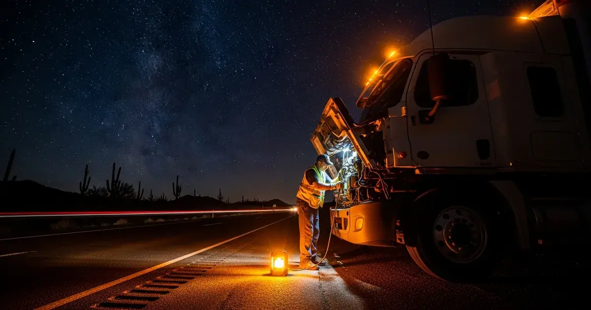 Mobile truck repair on I-40 Arizona — Weldon's road service truck responding to a commercial breakdown near Kingman AZ