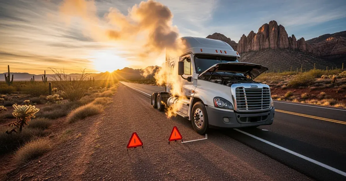 Commercial truck breakdown on desert highway — emergency roadside repair and road rescue from Weldon's Kingman AZ