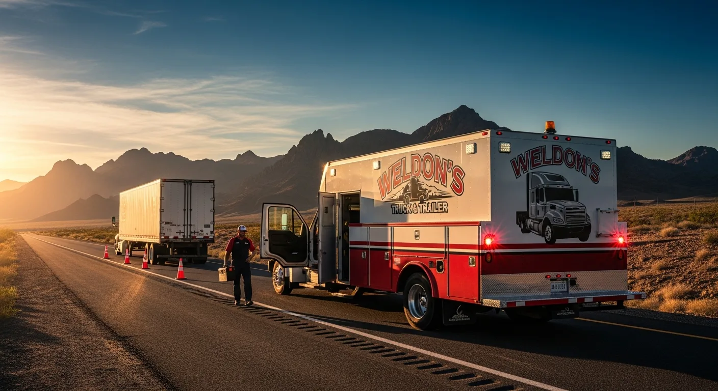 Weldon's mobile service unit on the Arizona highway shoulder providing emergency road service instead of a semi-truck tow