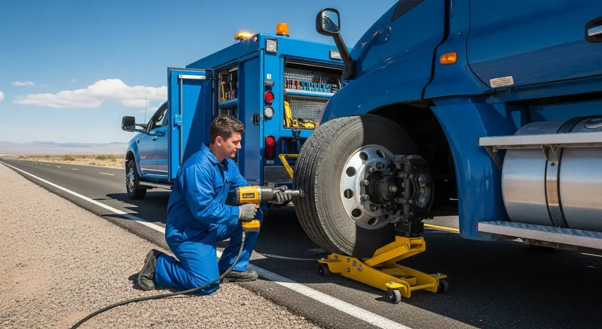 Weldon's mobile tire technician inspecting steer tire tread depth on a semi truck near Kingman AZ