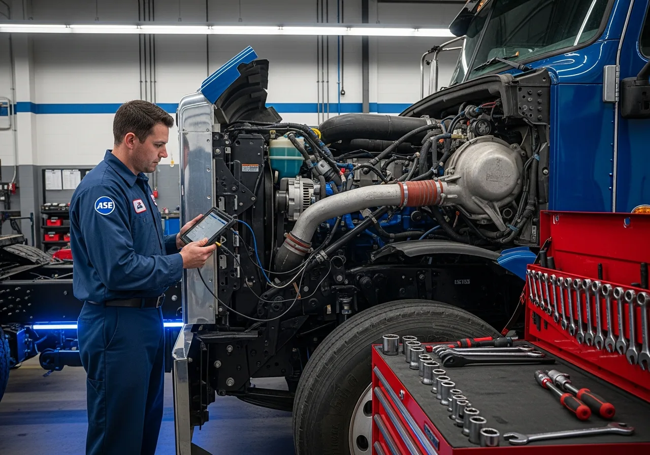 ASE certified diesel mechanic connecting OEM scan tool to a Class 8 truck on I-40 near Kingman AZ