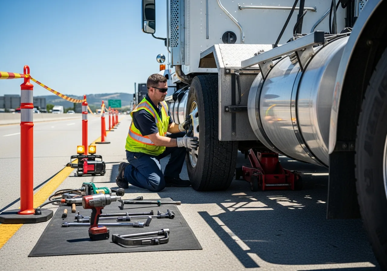 Weldon's technician mounting a replacement steer tire after a failed tread depth check