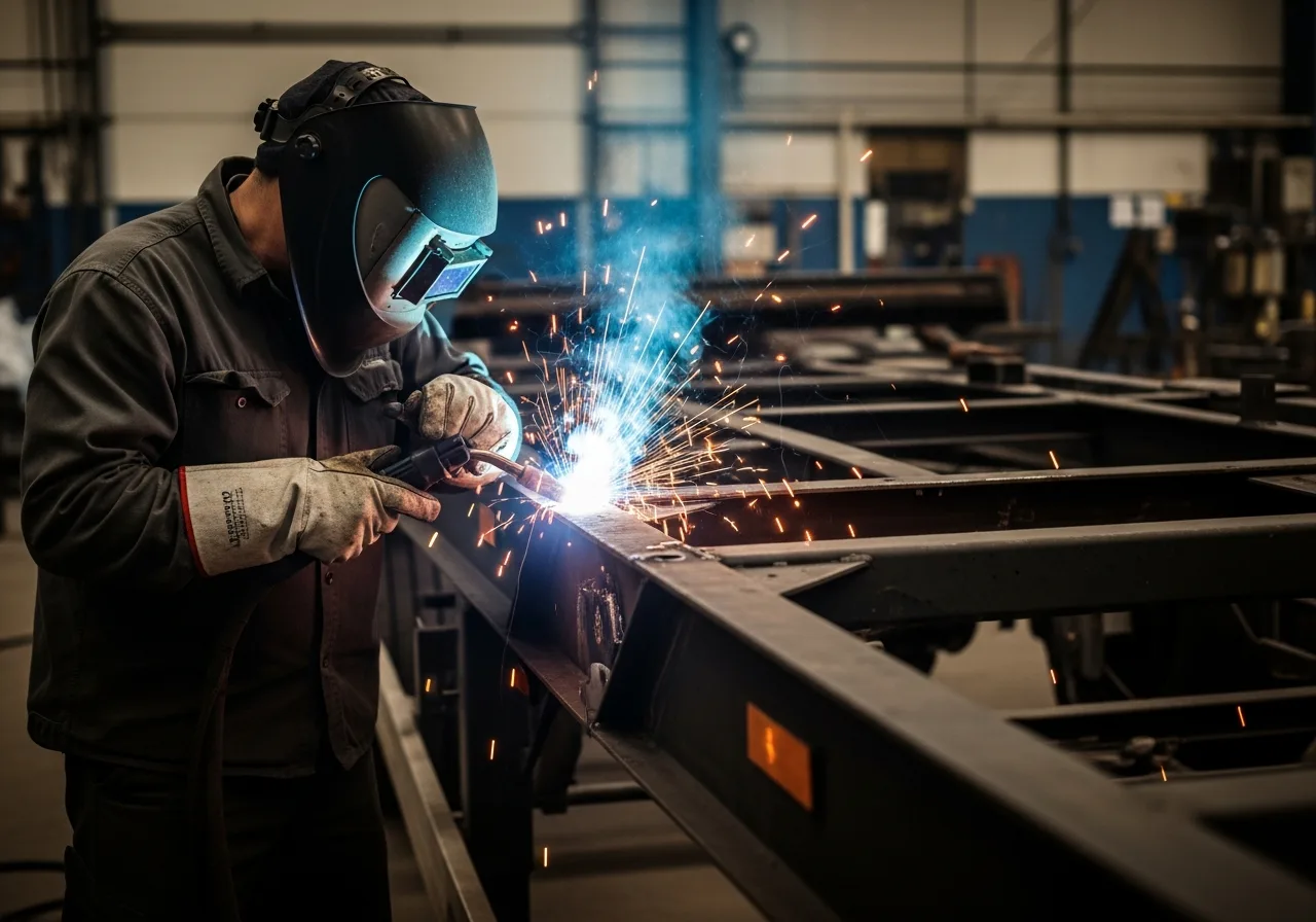 Mobile welding and structural trailer repair service Certified welder performing structural trailer welding repair on a flatbed trailer